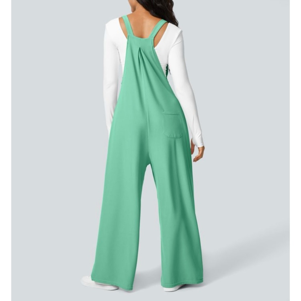 HALARA Pockets Waffle Casual Wide Leg Overalls in Aqua Tiffany Blue XL